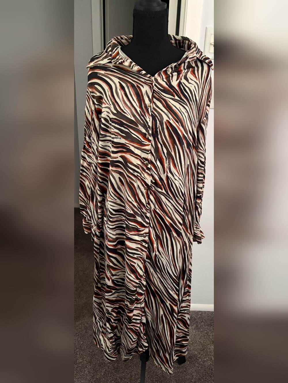 Zara Zebra-Stripe Button-Down Maxi Dress in Cream, Black & Brown
